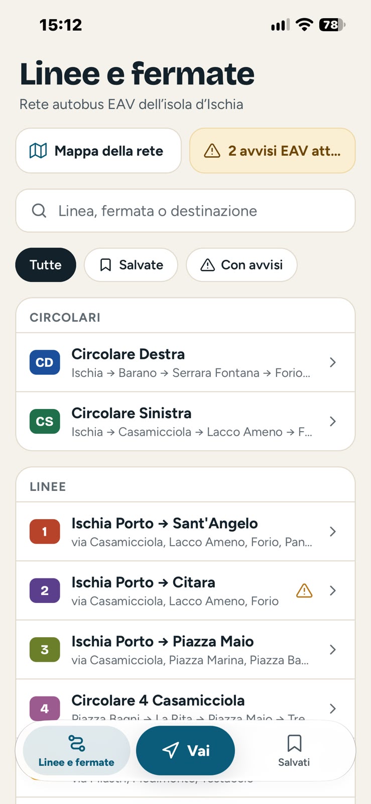 Linee e fermate: le circolari CD e CS e le linee numerate, con gli avvisi EAV attivi